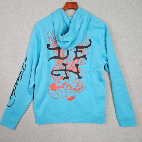 Ed Hardy Hoodie Mens Medium Baby Blue Pullover Flaming Skull Tattoo Fire - Picture 6 of 7
